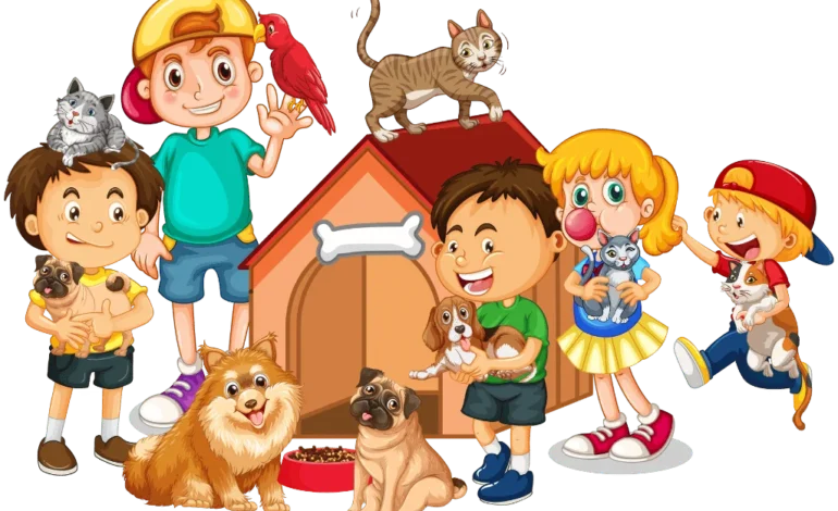 a-group-of-children-and-their-pets-in-front-of-a-dog-house