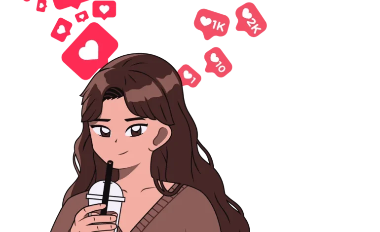 a-cartoon-with-long-brown-hair-holding-a-drink