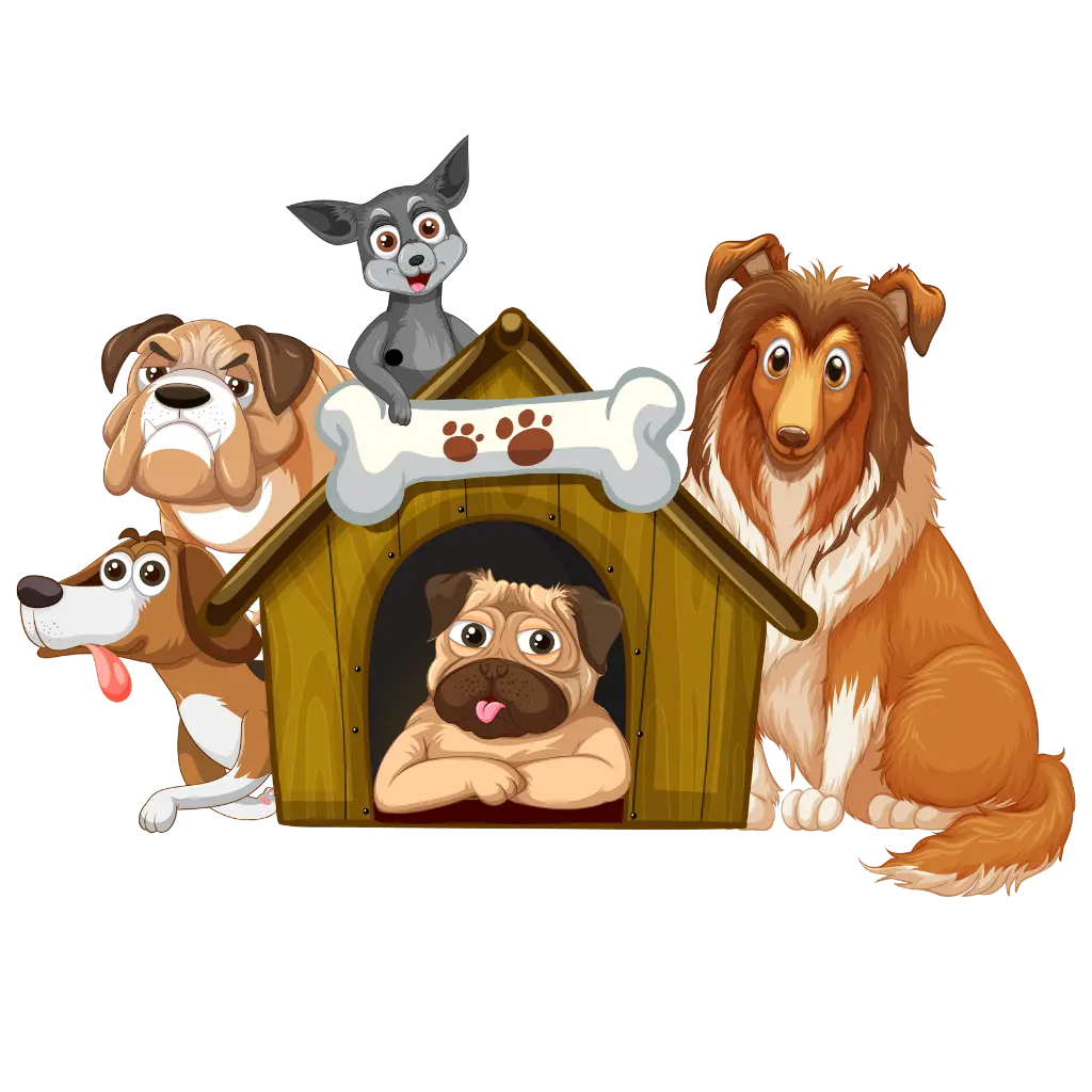 a-group-of-dogs-sitting-in-front-of-a-doghouse