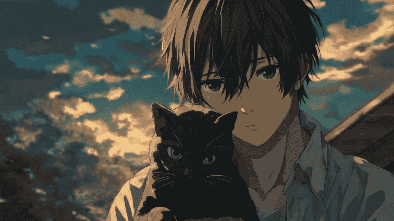 anime boy with a black cat